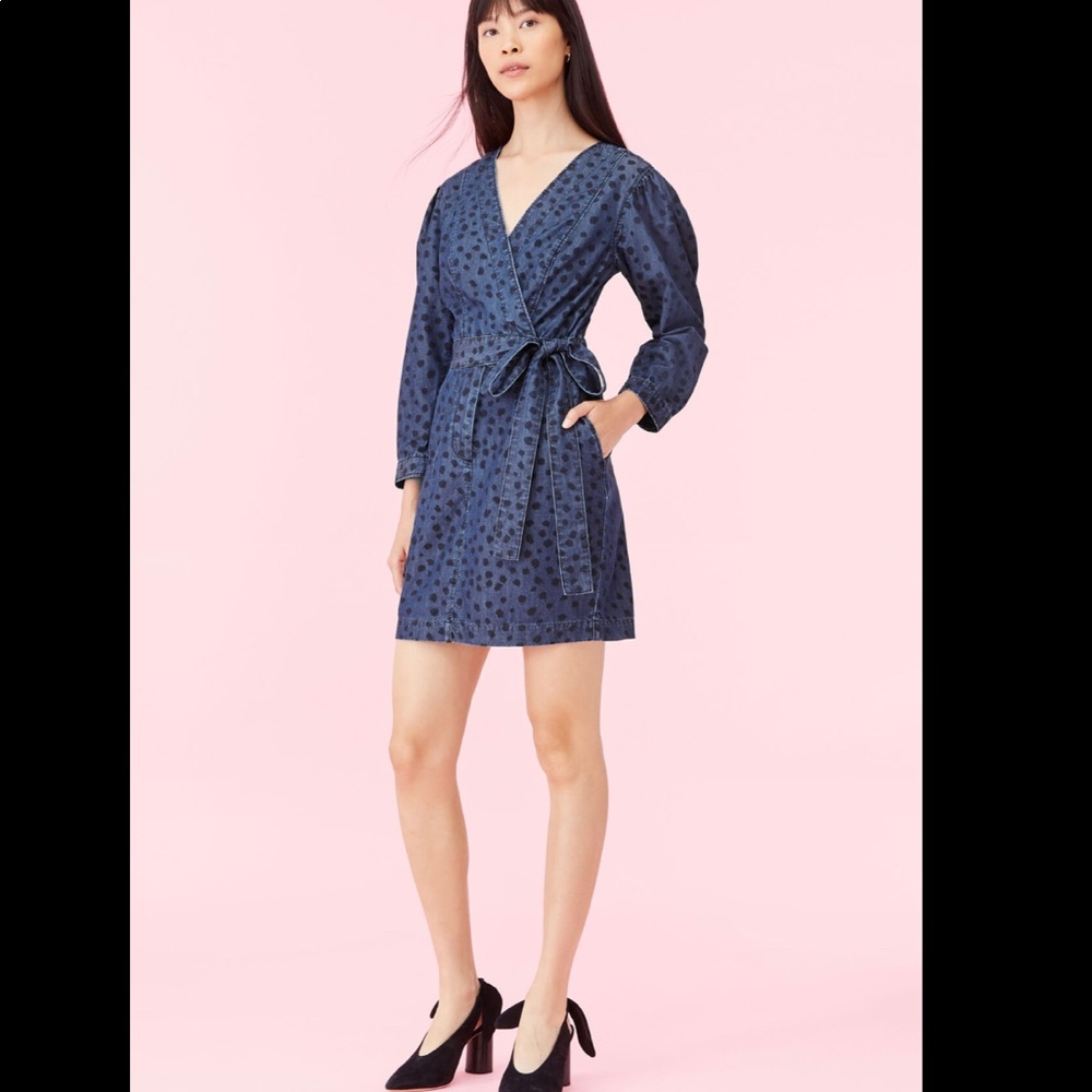 Long Sleeve Polka Dot Denim Dress Size M